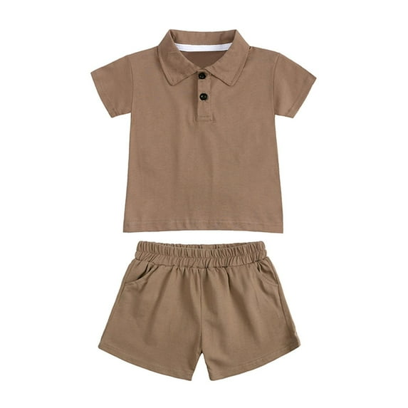 THDHVS Boys Casual Outfits,Summer Outfits for Kids,Boys Fashion Lapel Short Sleeve Solid Color Shirt Shorts Set Brown 12-24 Months