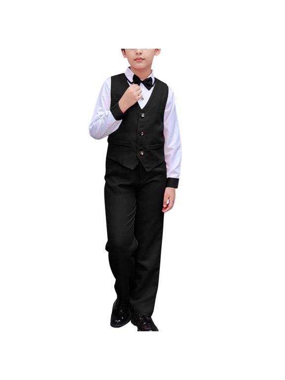 Boys Suit,Boys Summer Outfits,Boy's Solid Color Casual Suit Performance Suit Formal Dress and Wearing A Bow Tie Sets Black 7-8 Years