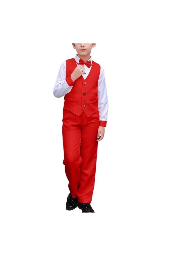 Boys Suit,Boys Summer Outfits,Boy's Solid Color Casual Suit Performance Suit Formal Dress and Wearing A Bow Tie Sets Red 5-6 Years