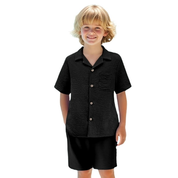 THDHVS Boys Suit,Boys Summer Outfits,Boys' Casual Solid Color Button Pocket Shirt Holiday Vacation Beach Shorts Two-piece Set Short Sleeved Lapel Set Black 7-8 Years