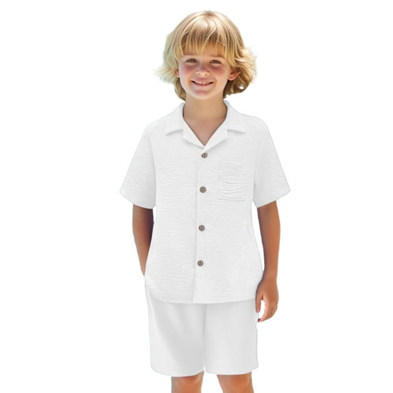 Summer Savings Clearance 2025! THDHVS Boys Suit,Boys Summer Outfits,Boys' Casual Solid Color Button Pocket Shirt Holiday Vacation Beach Shorts Two-piece Set Short Sleeved Lapel Set White 11-12 Years