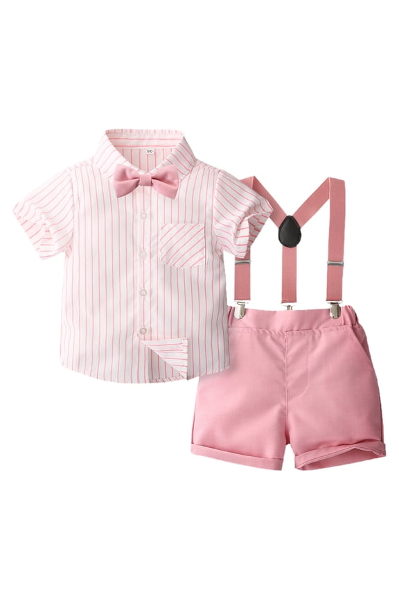 Boys Suit,Boys Summer Outfits,Boys' Fashion Bow Short Sleeve Collar Shirt Strap Shorts Two Piece Boy's Formal Suit Pink 18-24 Months