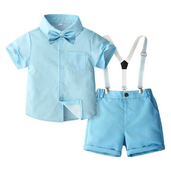 THDHVS Boys Suit,Boys Summer Outfits,Boys' Fashion Bow Short Sleeve Collar Shirt Strap Shorts Two Piece Boy's Formal Suit Sky Blue 4-5 Years
