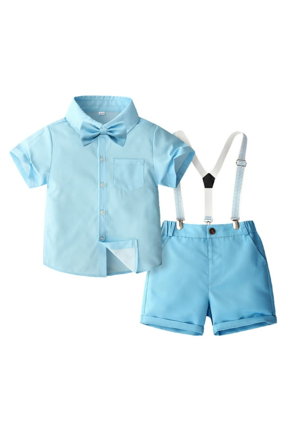 Boys Suit,Boys Summer Outfits,Boys' Fashion Bow Short Sleeve Collar Shirt Strap Shorts Two Piece Boy's Formal Suit Sky Blue 4-5 Years