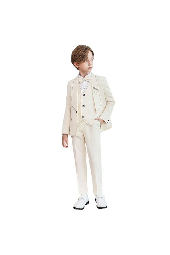 Boys Suit,Boys Summer Outfits,Kid Boys' Formal Dresswear Suits Set Shirt Pants Bow Tie Brooch Classic Formal Suit Set Beige 13-14 Years