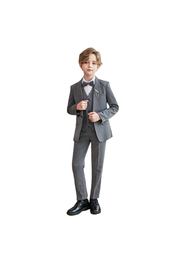 Boys Suit,Boys Summer Outfits,Kid Boys' Formal Dresswear Suits Set Shirt Pants Bow Tie Brooch Classic Formal Suit Set Gray 13-14 Years