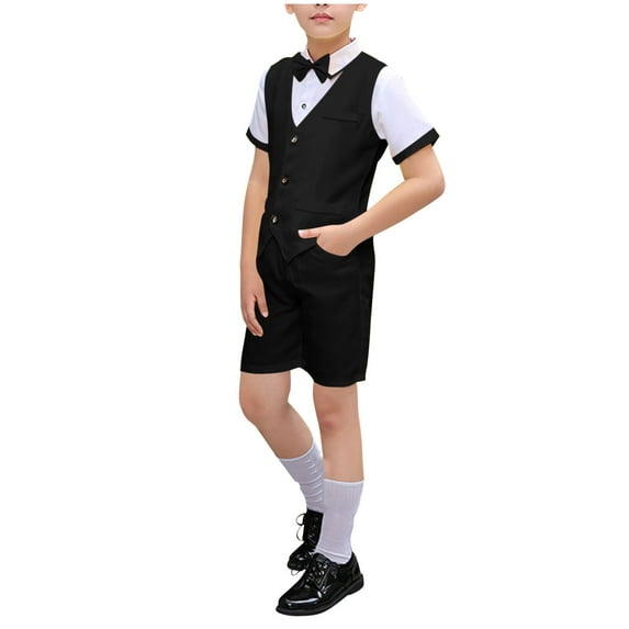 THDHVS Boys Suit,Boys Summer Outfits,Solid Color Casual Performance Suit Formal Dress and Wearing A Bow Tie Sets Short Sleeve Lapel Sets for Kids Black 15-16 Years