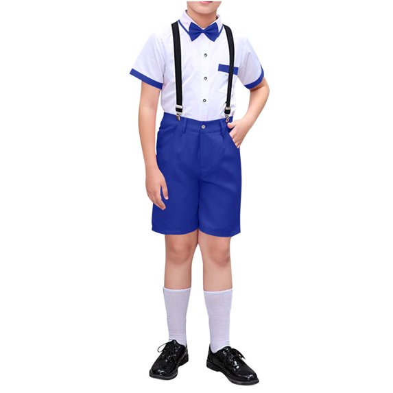 THDHVS Boys Suit,Boys Summer Outfits,Summer Solid Color Casual Suit Performance Suit Formal Dress with Bow Tie Sets Short Sleeve Lapel Sets Blue 7-8 Years