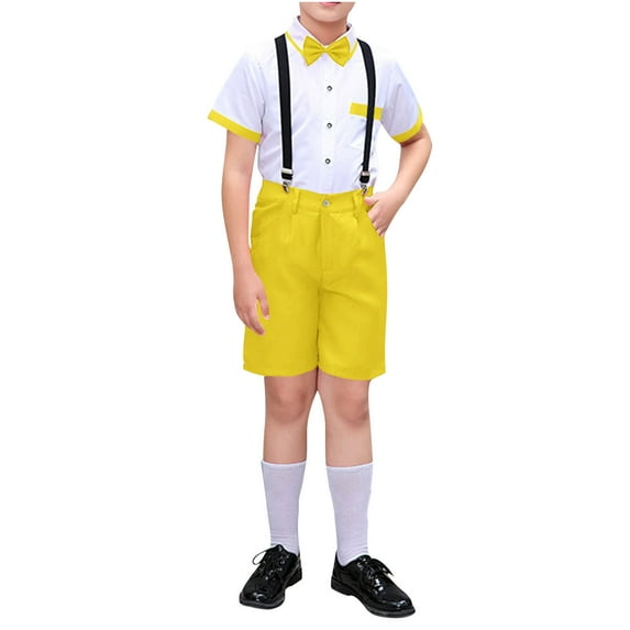 Summer Savings Clearance 2025! THDHVS Boys Suit,Boys Summer Outfits,Summer Solid Color Casual Suit Performance Suit Formal Dress with Bow Tie Sets Short Sleeve Lapel Sets Yellow 13-14 Years