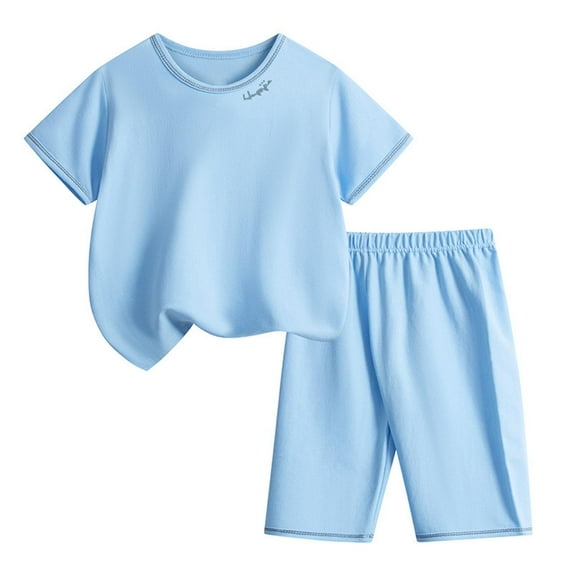 THDHVS Boys Summer Pajamas,Junior Pajamas,Kids 2 Piece Summer Outfits Solid Color T-Shirt and Elastic Waist Short Sets for Boys Girls Blue 2-3 Years