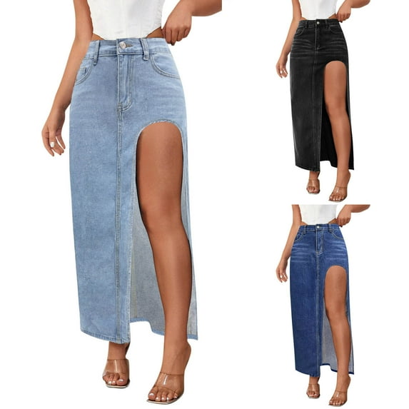 THDHVS Denim Skirt,Jean Skirts for Women Denim,Women's High Waisted Maxi Jean Skirt with Side Slit Casual Long Pencil Skirt Black M