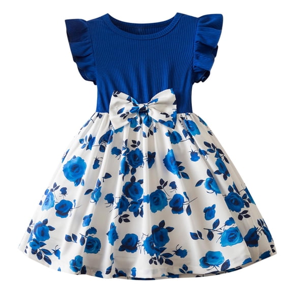 THDHVS Summer Dresses for Kids,Girls Casual Dresses,Girls' Summer Short Sleeve Ruffled Round Neck Lace Embroidery Dress Princess Bow Skirt