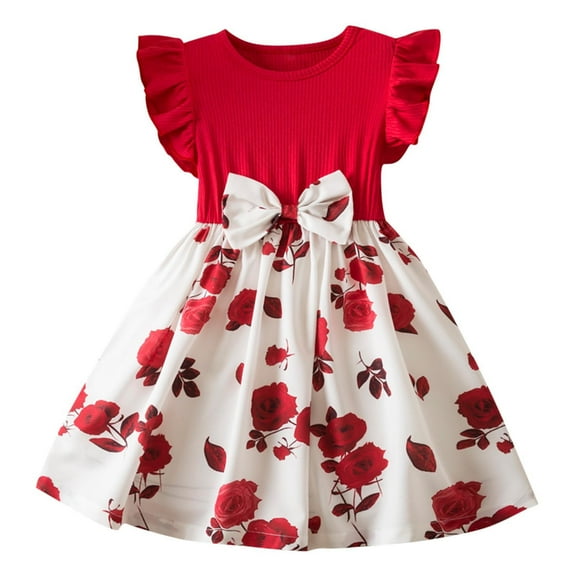THDHVS Summer Dresses for Kids,Girls Casual Dresses,Girls' Summer Short Sleeve Ruffled Round Neck Lace Embroidery Dress Princess Bow Skirt