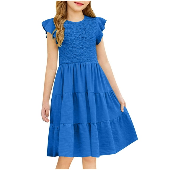 THDHVS Girls Casual Dresses,Summer Dresses for Kids,Girl's Dresses Cotton Ruffle Sleeve Tiered A-Line Cute Casual Sundress Blue 14-15 Years
