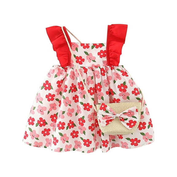 THDHVS Girls Casual Dresses,Summer Dresses for Kids,Girls' Summer Print Sleeveless Dress with Bag Are Suit for 6 Months - 3 Years Old Red 6-9 Months