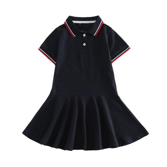 THDHVS Girls Casual Dresses,Kid's Summer Solid Color Short Sleeve Collar Dress Daily Casual Skirt Black