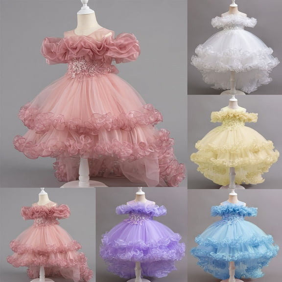 THDHVS Flower Girl Dress,Dresses for Girls,Girls Princess Dress Round Neck and Delicate Mesh Sleeves Solid Color Fashion Flower Girl Wedding Dress for Parties