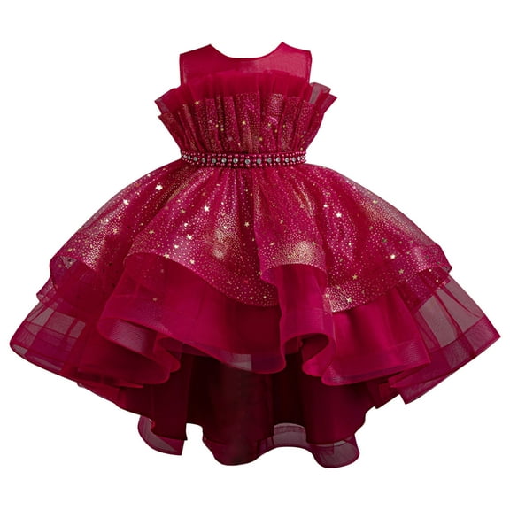 THDHVS Flower Girl Dress,Dresses for Girls,Summer Tail Mesh Sequins Dress Flower Girl's Wedding Dress Skirt Girl's Performance Long Skirt Red 10-11 Years