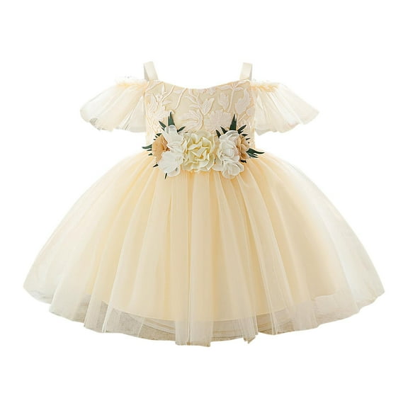 THDHVS Flower Girl Dress for Wedding,Girls Dresses,Toddler Girls One Shoulder Three Dimensional Flower Mesh Dress Performance Dresses Yellow 6-9 Months