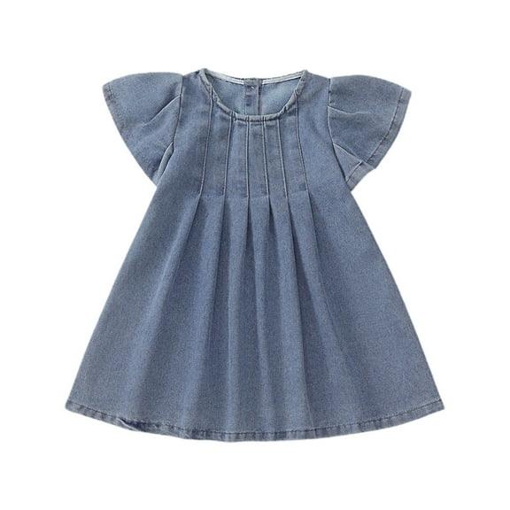 THDHVS Girls Denim Dress,Dresses for Girls,Toddler Girls' Fashion Fly Sleeve Wrinkled Cowboy Dress Solid Color Round Neck Denim Dress Blue 7-8 Years
