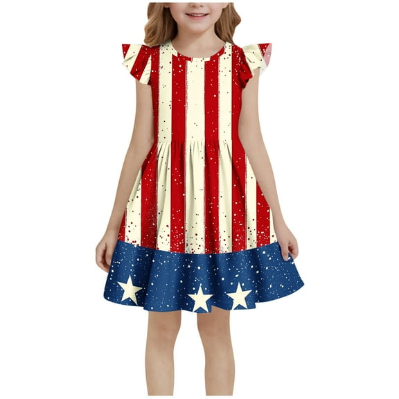 THDHVS Girls Dresses,Kid's Summer Independence Day Print Short Sleeve Ruffled Round Neck Dress with Pockets Multicolor
