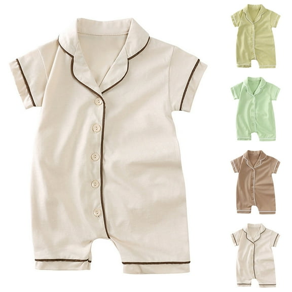 THDHVS Newborn Girl Clothes,Baby Clothes Boy,Baby Girls Turndown Collar Bodysuit Short Sleeve Cotton One-Pieces Pack of Summer Pajama Coffee 3-6 Months