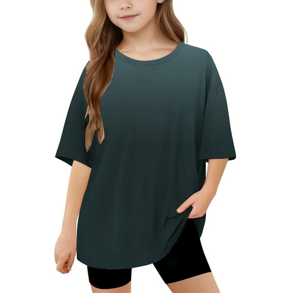 THDHVS Girls Summer T-Shirts,Summer Casual Tops for Kids,Girls Short Sleeve T Shirts Kids Summer Oversized Tops Casual Crewneck Basic Tees Blue 6-7 Years