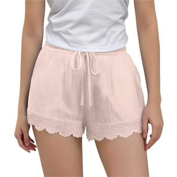 THDHVS Girls Shorts,Shorts for Girls,Girls' Medium and Large Cotton and Linen Loose Fashion Lace Splicing Shorts with Drawstring Beige 7-8 Years