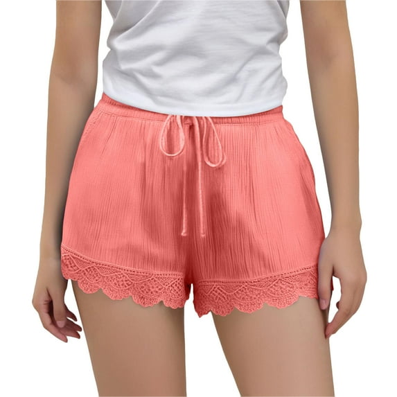 THDHVS Girls Shorts,Shorts for Girls,Girls' Medium and Large Cotton and Linen Loose Fashion Lace Splicing Shorts with Drawstring Pink 4-5 Years