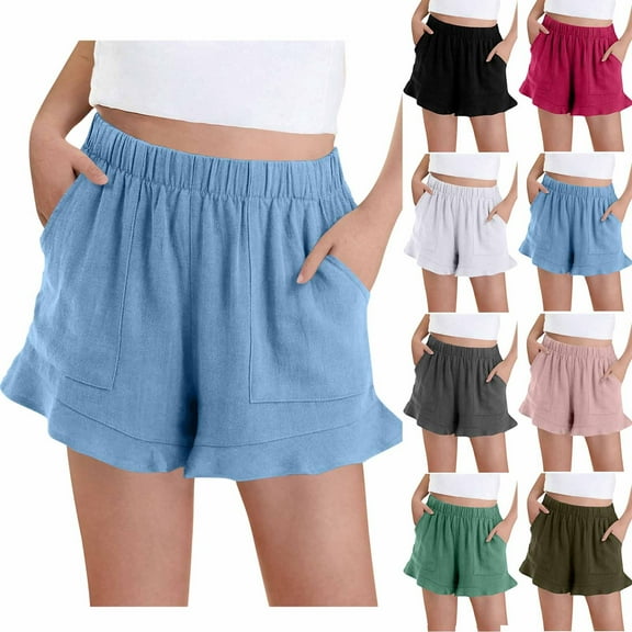 THDHVS Shorts for Girls,Girls Bike Shorts,Kid's Summer Solid Color Cotton and Linen Side Split Button Five Quarter Pants Army Green 9-10 Years