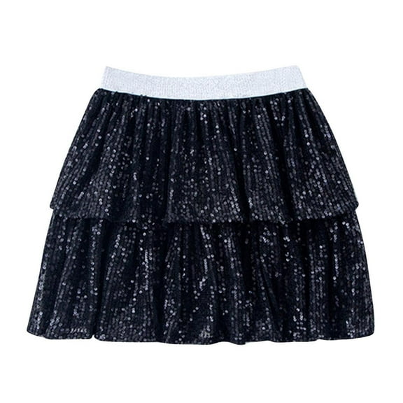 THDHVS Girls Skorts,Skirts for Girls,Girls Sequin Sparkly Skirts Girls Skirt 2-Layer Ruffle Skirts Black 9-12 Months