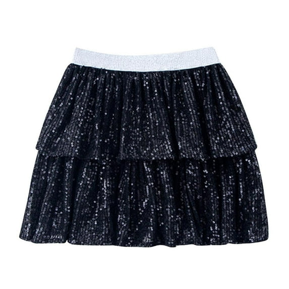 THDHVS Girls Skorts,Skirts for Girls,Girls Sequin Sparkly Skirts Girls Skirt 2-Layer Ruffle Skirts Black 9-12 Months