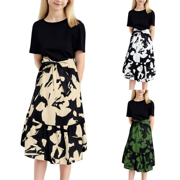 THDHVS Girls Summer Dress,Dresses for Girls,Kid's Summer Print Dress for Girls Short Sleeve Patchwork Dress White 11-12 Years