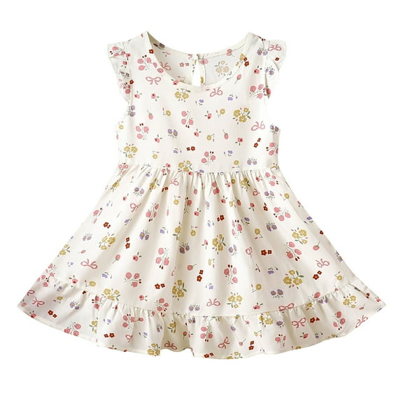 THDHVS Summer Dresses for Kids,Girls Casual Dresses,6 Months -11Years Girls Summer Thin Print Fly Sleeve Round Neck Dress Beach Skirt Multicolor 4-5 Years