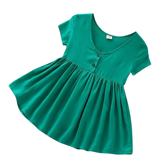 THDHVS Summer Dresses for Kids,Girls Casual Dresses,Girls' Casual Solid Color Large Skirt Button Back Bow Short Sleeve V-neck Dress Green 3-4 Years