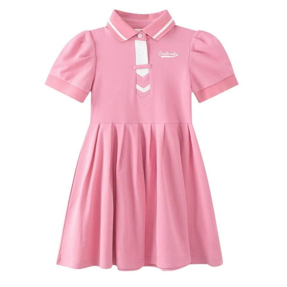 THDHVS Girls Casual Dresses,Summer Dresses for Kids,Girls' Summer Short Sleeve Doll Neck Cute Princess Dress Round Neck Princess Bow Skirt