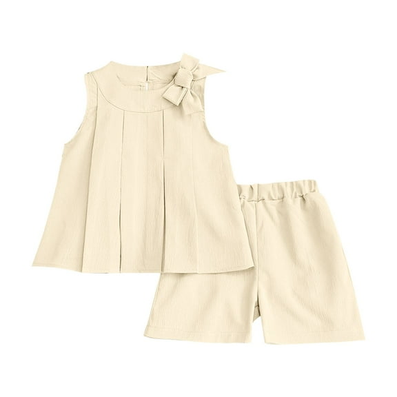 THDHVS Girls Summer Outfits,Casual Short Sets for Kids,Solid Color Bow Pleated Sleeveless Clothes Shorts Two-piece Set Summer Girl's Clothing Beige 6-7 Years