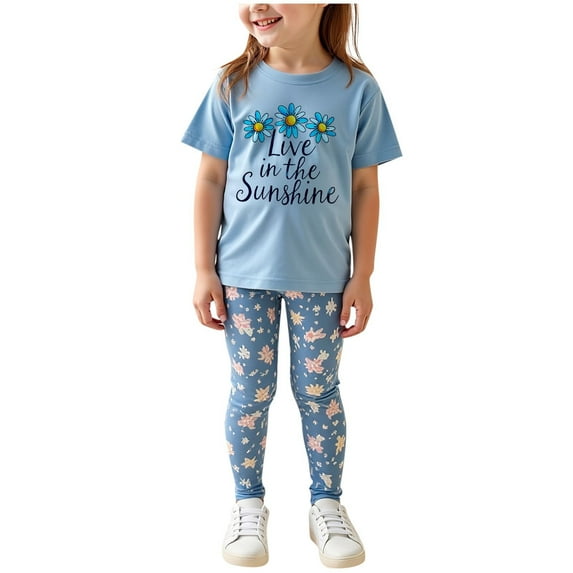 THDHVS Girls Summer Outfits,Kids Casual Sets,Summer Short Sleeve Round Neck Blouses and Casual Shorts Toddler Sport Suit Shorts Blue 4-5 Years