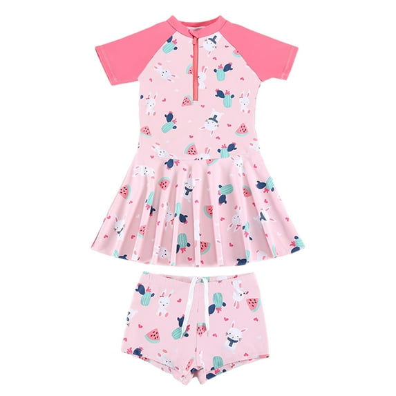 THDHVS Girls Swimsuit,Girls Bathing Suit,Young Girl's Swimming Training Swimsuit Bunny Print Beach Vacation Zippered Swimwear Pink 3-4 Years