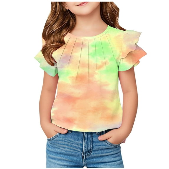 Summer Savings! THDHVS Girls Summer T-shirts,Summer Casual Tops for Kids,Girls Casual Tie Short-Sleeve T-Shirt Cute Print Summer Blouse for Girls Front Tunic Tee Tops Yellow 9-10 Years