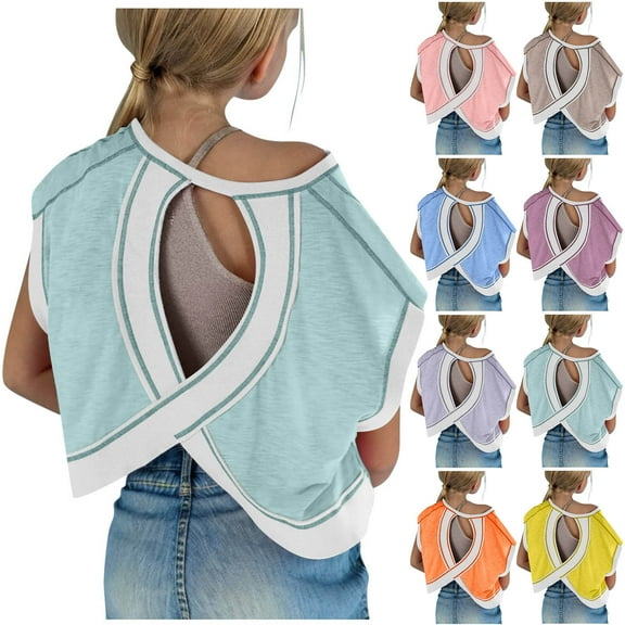 THDHVS Girls Shirts,Girls Short Sleeve Tops,Girls Motion Fashion Cut-out Design at the Back Round Neck Short Sleeve Top Blue 13-14 Years