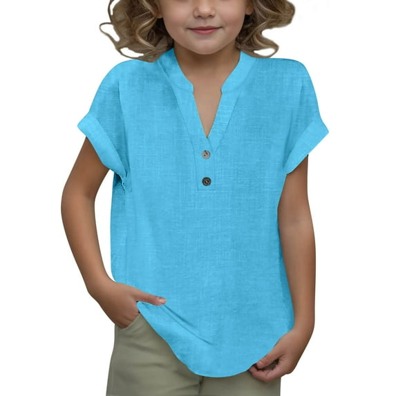 THDHVS Girls Summer T-shirts,Summer Casual Tops for Kids,Girls Summer Fashion Solid Button Shirt Female V-Neck Loose T-shirt Blouse Blue 9-10 Years