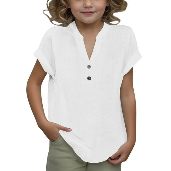 THDHVS Girls Summer T-shirts,Summer Casual Tops for Kids,Girls Summer Fashion Solid Button Shirt Female V-Neck Loose T-shirt Blouse White 4-5 Years