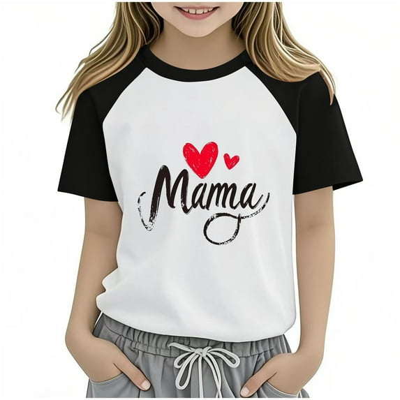 Summer Savings! THDHVS Girls Summer T-shirts,Summer Casual Tops for Kids,Kids Girls T Shirts Casual Raglan Short Sleeve Crewneck Color Block Summer Tees Black 7-8 Years
