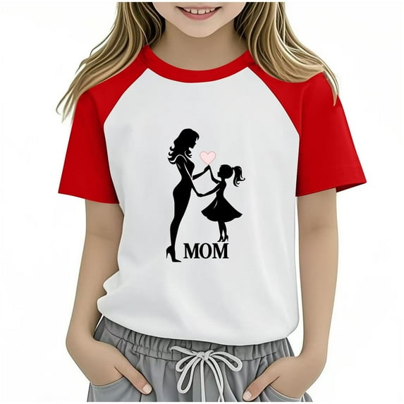 Summer Savings! THDHVS Girls Summer T-shirts,Summer Casual Tops for Kids,Kids Girls T Shirts Casual Raglan Short Sleeve Crewneck Color Block Summer Tees Red 11-12 Years
