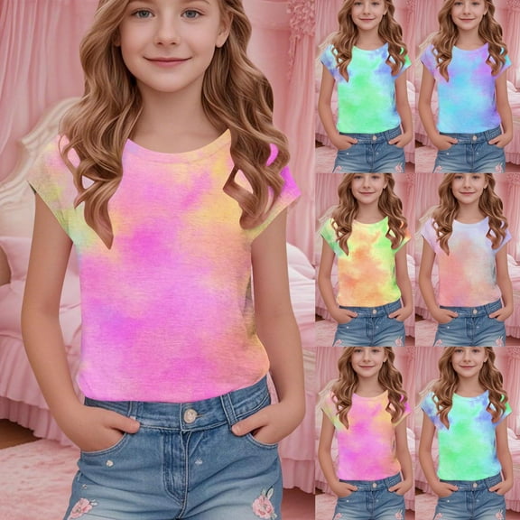 THDHVS Girls Shirts,Girls Short Sleeve Tops,Summer Print Fashion Girl's Round Neck Short Sleeve School Blouse Green 5-6 Years