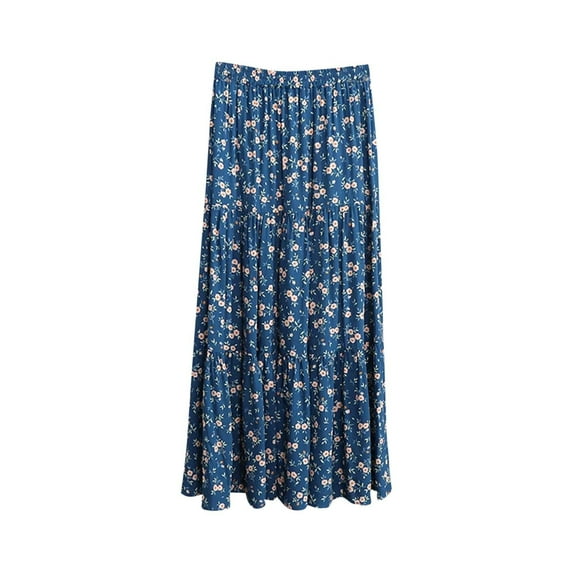 THDHVS Boho Skirts for Women,Women's Skirts,Women's Girls Elastic Waist Long Flowy Bohemian Cotton Casual Maxi Skirt for Summer Beach Holiday Dark Blue L