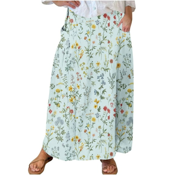 THDHVS Long Skirts for Women,Maxi Skirt,Women's Print Elastic Waistband Pleated Pocket Skirt with Mid Calf Skirt Light Blue 2XL