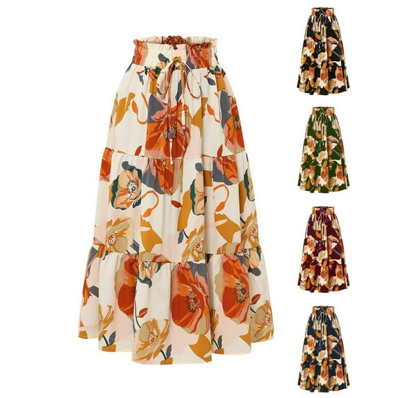 THDHVS Boho Skirts for Women,Women's Skirts,Fashion Women Casual Summer Print Drawstring Elastic Waist Mid Calf Skirt Navy XL