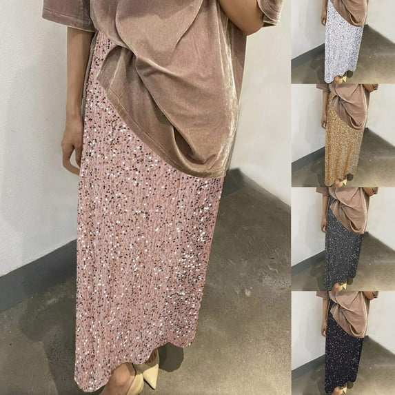 THDHVS Long Skirts for Women,Maxi Skirt,Ladies' Print Elastic Waistband with Zip Pockets and Knee Length Skirt Black M